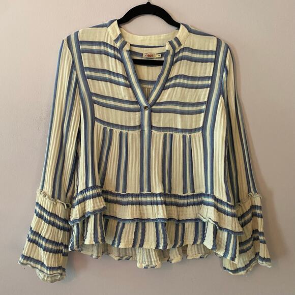 Faherty Women size Small Vida Baja Blue White Stripe Cotton Flowy V-neck Blouse - Picture 2 of 10